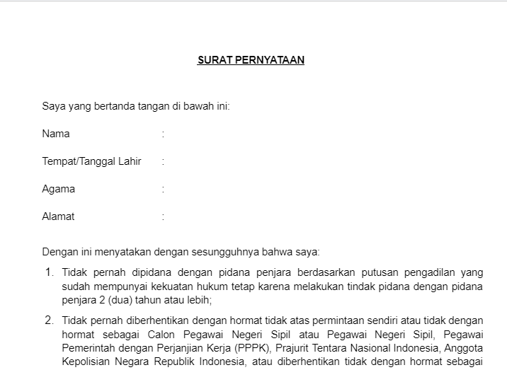 Format Surat Pernyataan PPPK Tahun 2023 | wirahadie.com